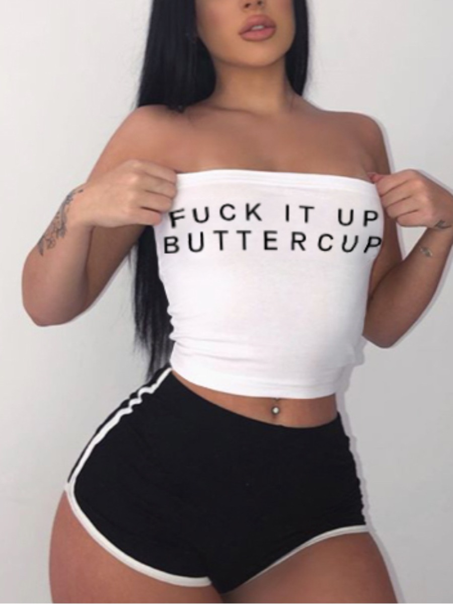 

Lovely Casual Off The Shoulder Letter Print White Two Piece Shorts Set