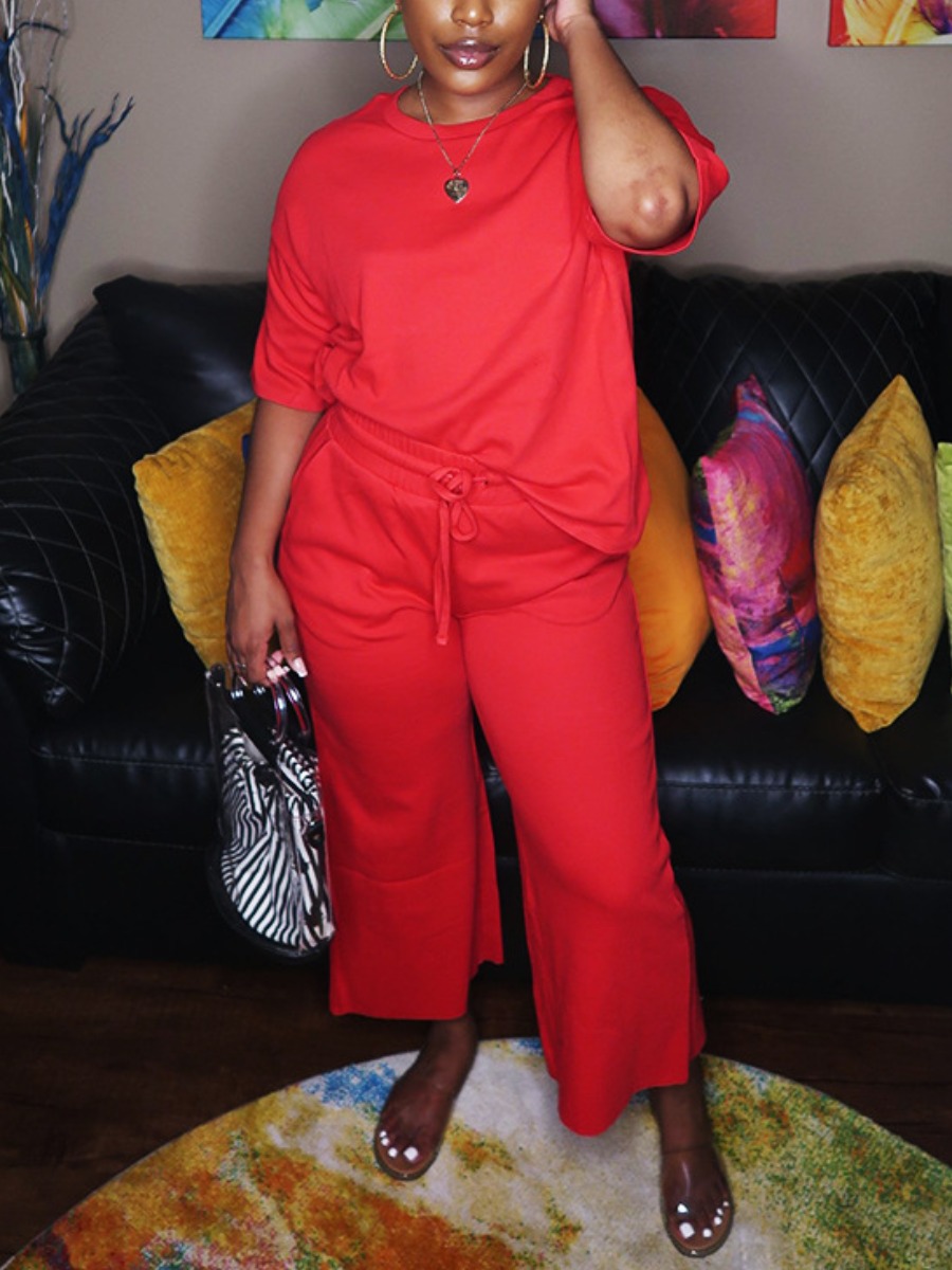 

LW Casual Dropped Shoulder Drawstring Red Two Piece Pants Set