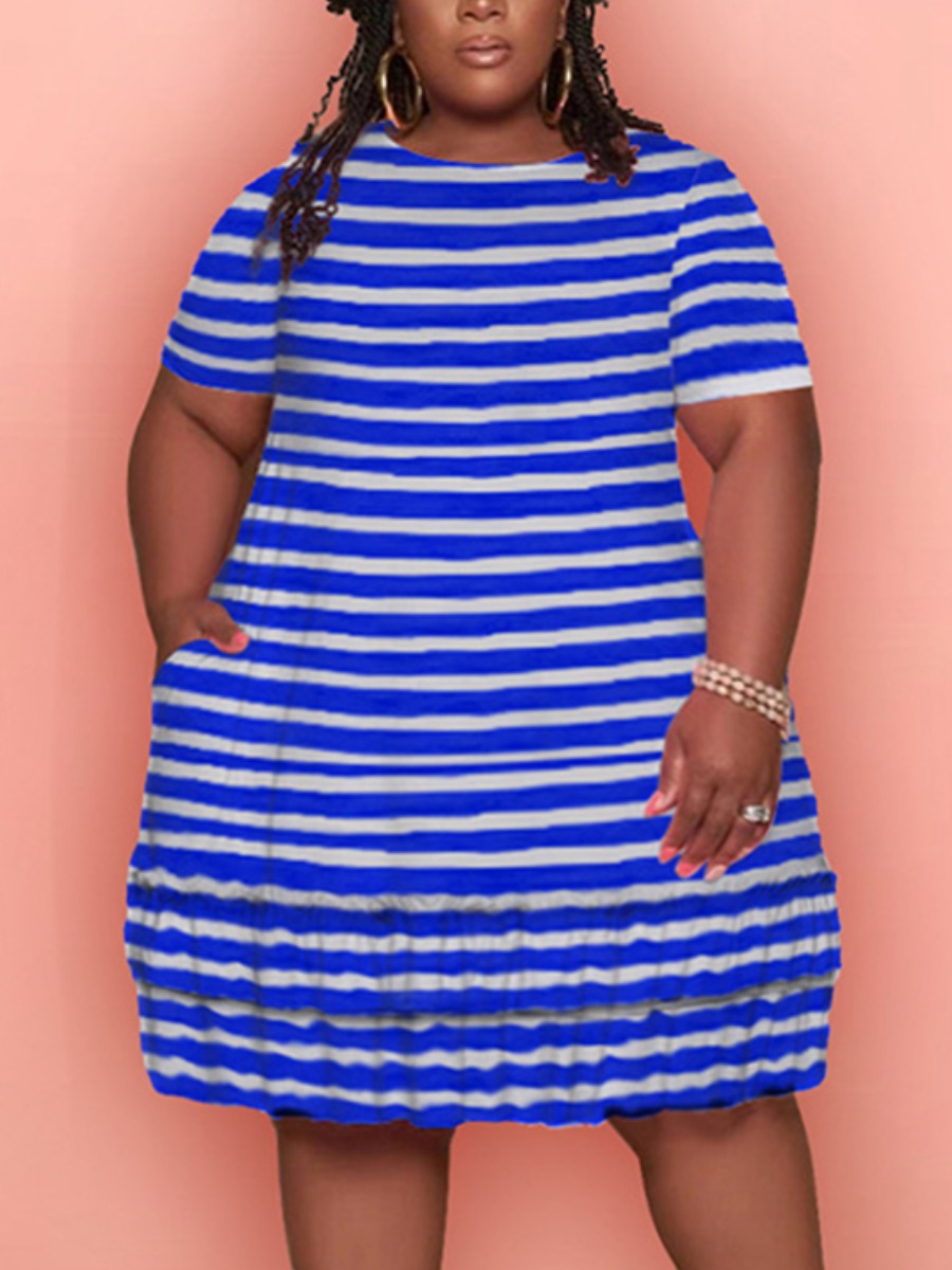 

LW Plus Size Casual Round Neck Striped Blue Knee Length Dress