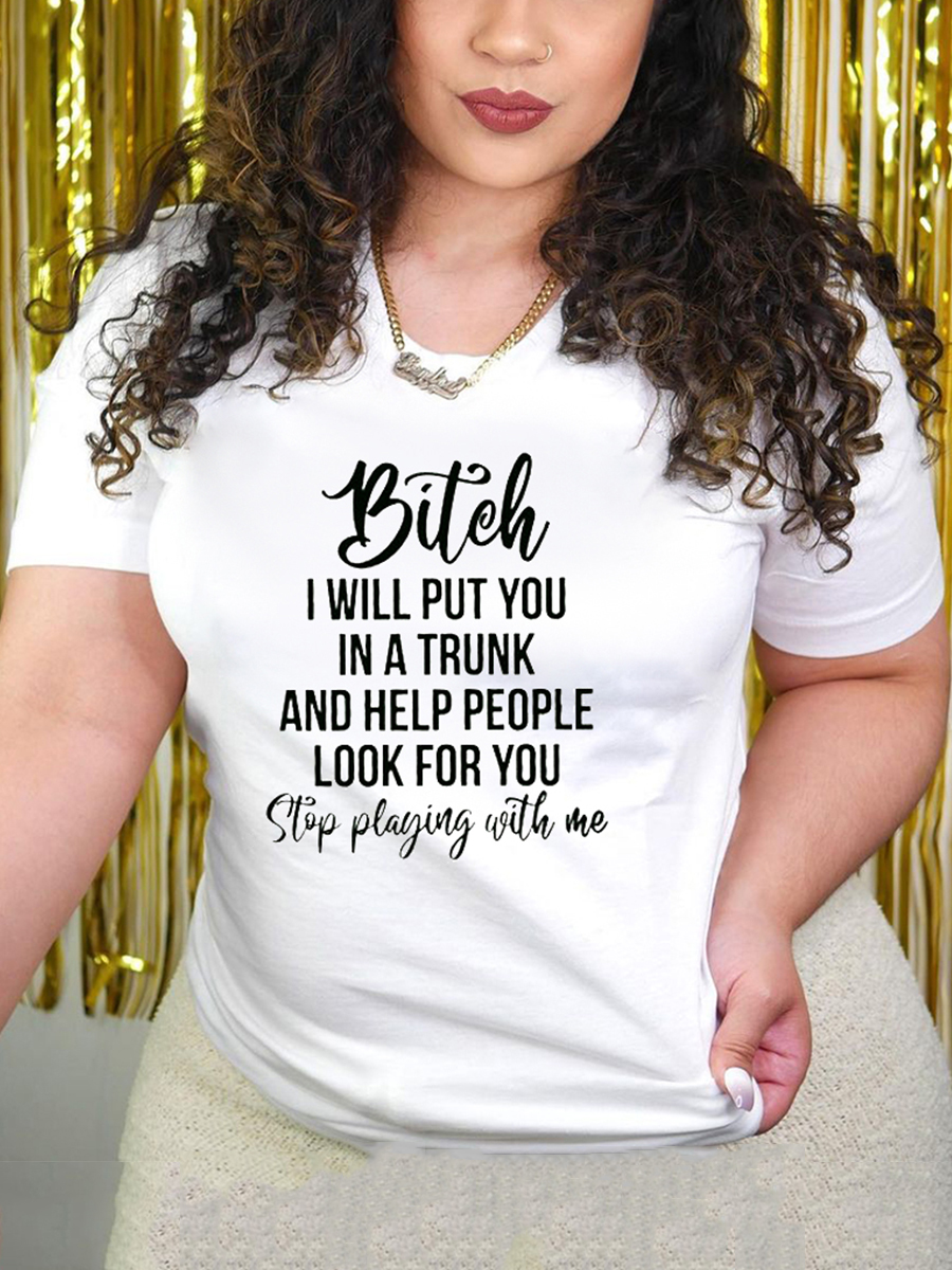 LovelyWholesale Casual Round Neck Letter Print White T-shirt Summer Short Sleeve Casual Basic Round Neck Spring Summer 2024