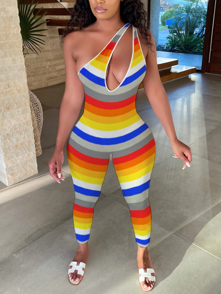 

Lovely Sexy One Shoulder Striped Hollow-out Multicolor One-piece Jumpsuit, Multi