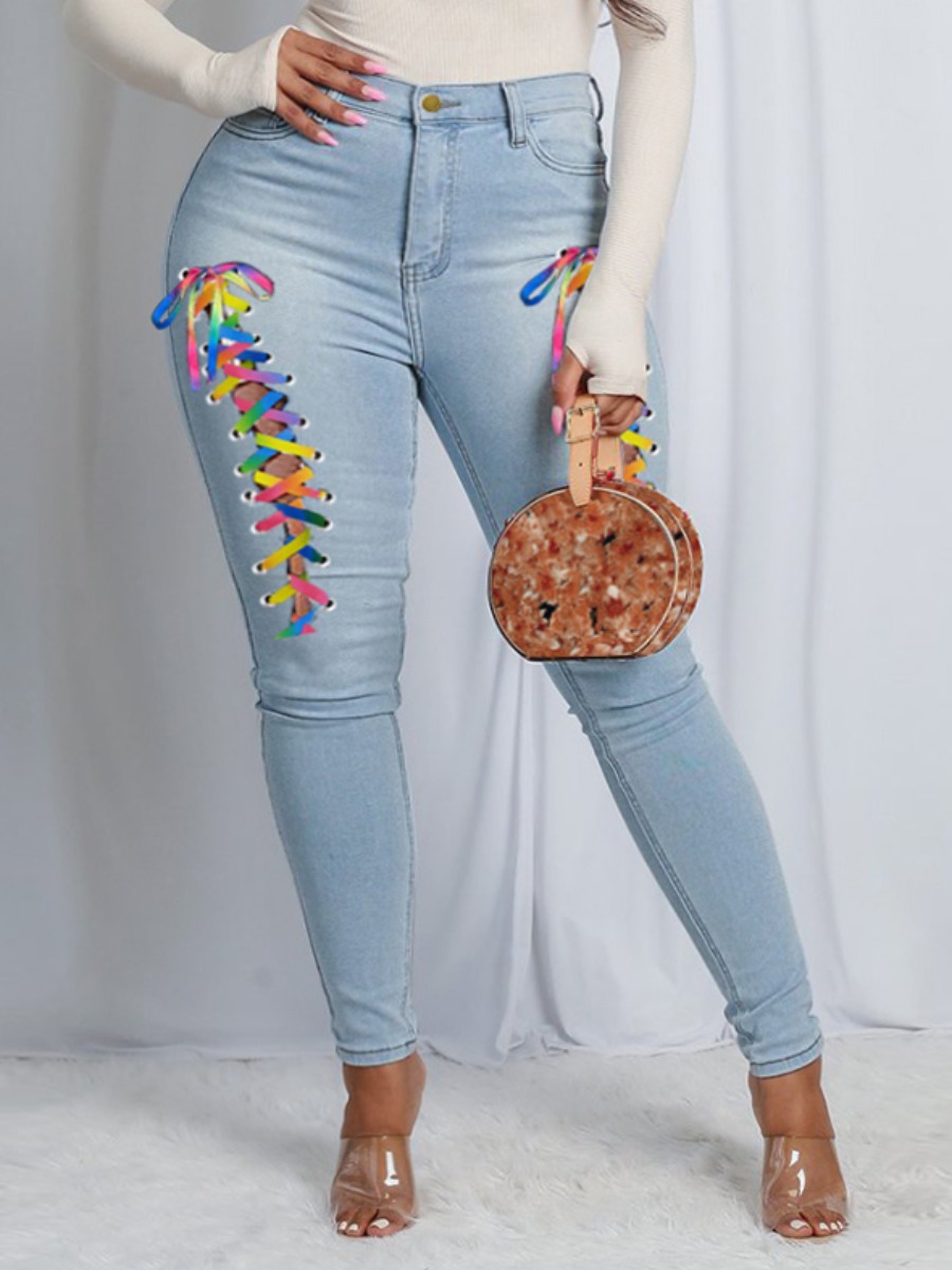 

LW Plus Size Street High-waisted Bandage Design Baby Blue Jeans