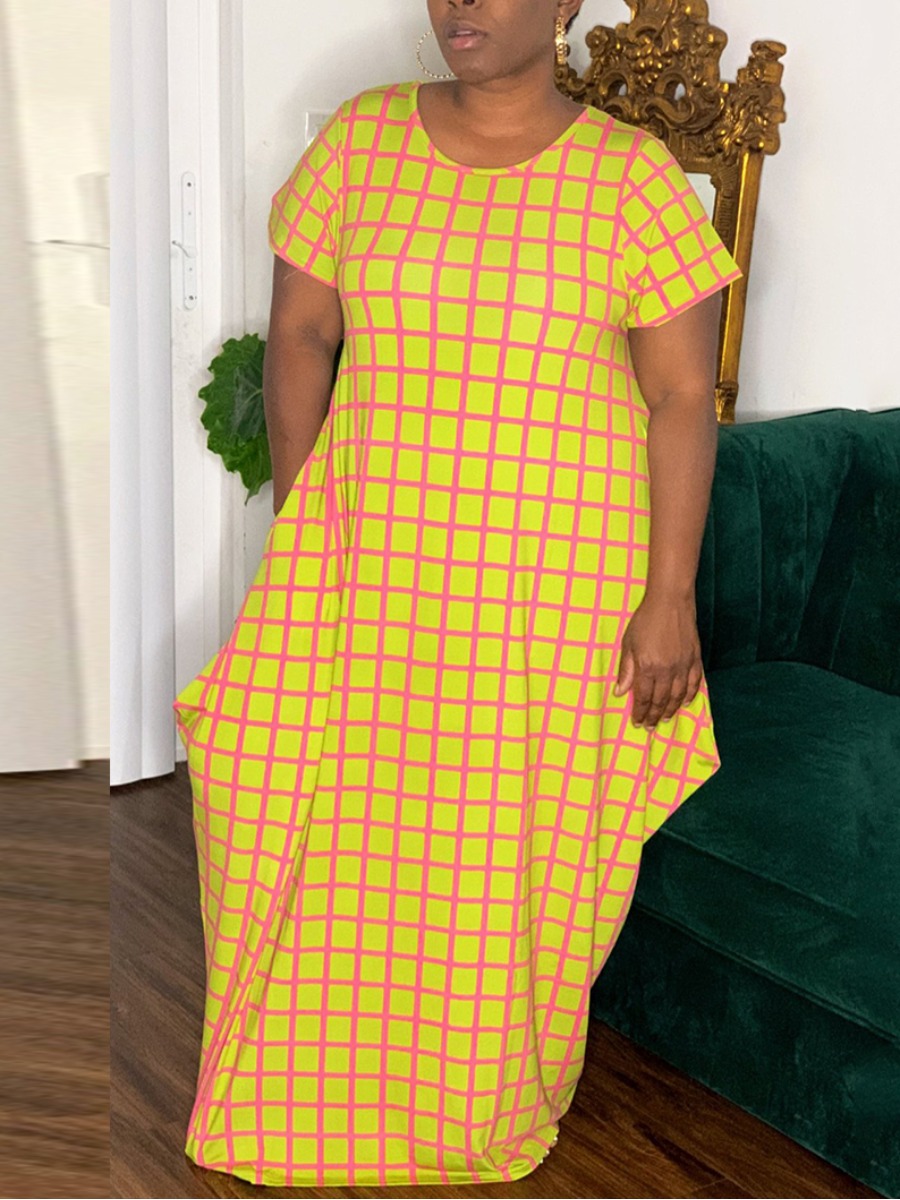 

LW Plus Size Casual Plaid Print Loose Yellow Floor Length Dress