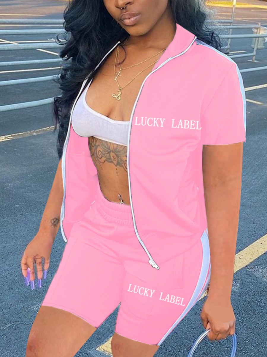 

Lovely Sporty Letter Print Striped Pink Active Two Piece Shorts Set