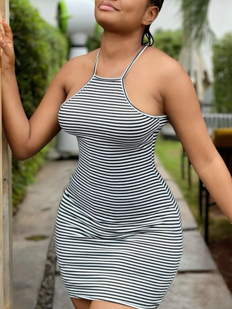 

Lovely Casual Striped Elastci Black Mini Dress, Black stripe