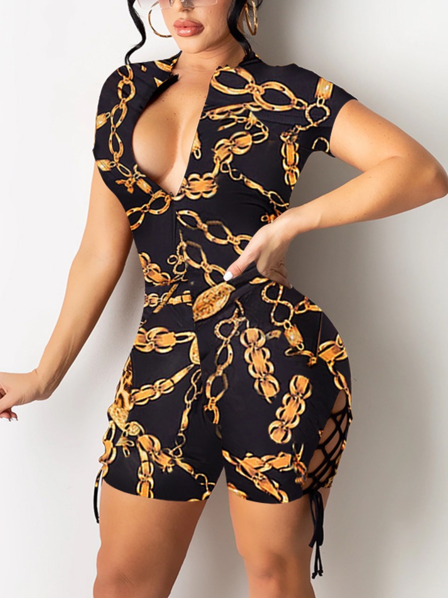 

Lovely Street Chain Print Bandage Hollow-out Design Carbon Black One-piece Romper