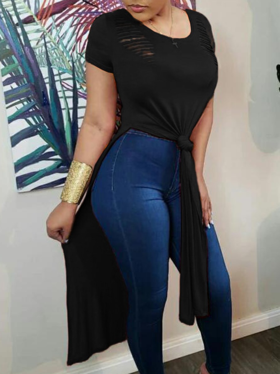 

Lovely Street Round Neck Split Black T-shirt
