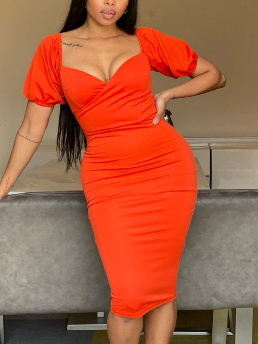 

Lovely Casual U Neck Fold Design Jacinth Knee Length Dress