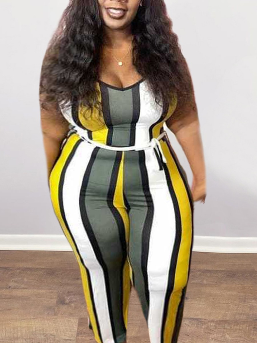 

LW Plus Size Casual U Neck Striped Yellow One-piece Jumpsuit