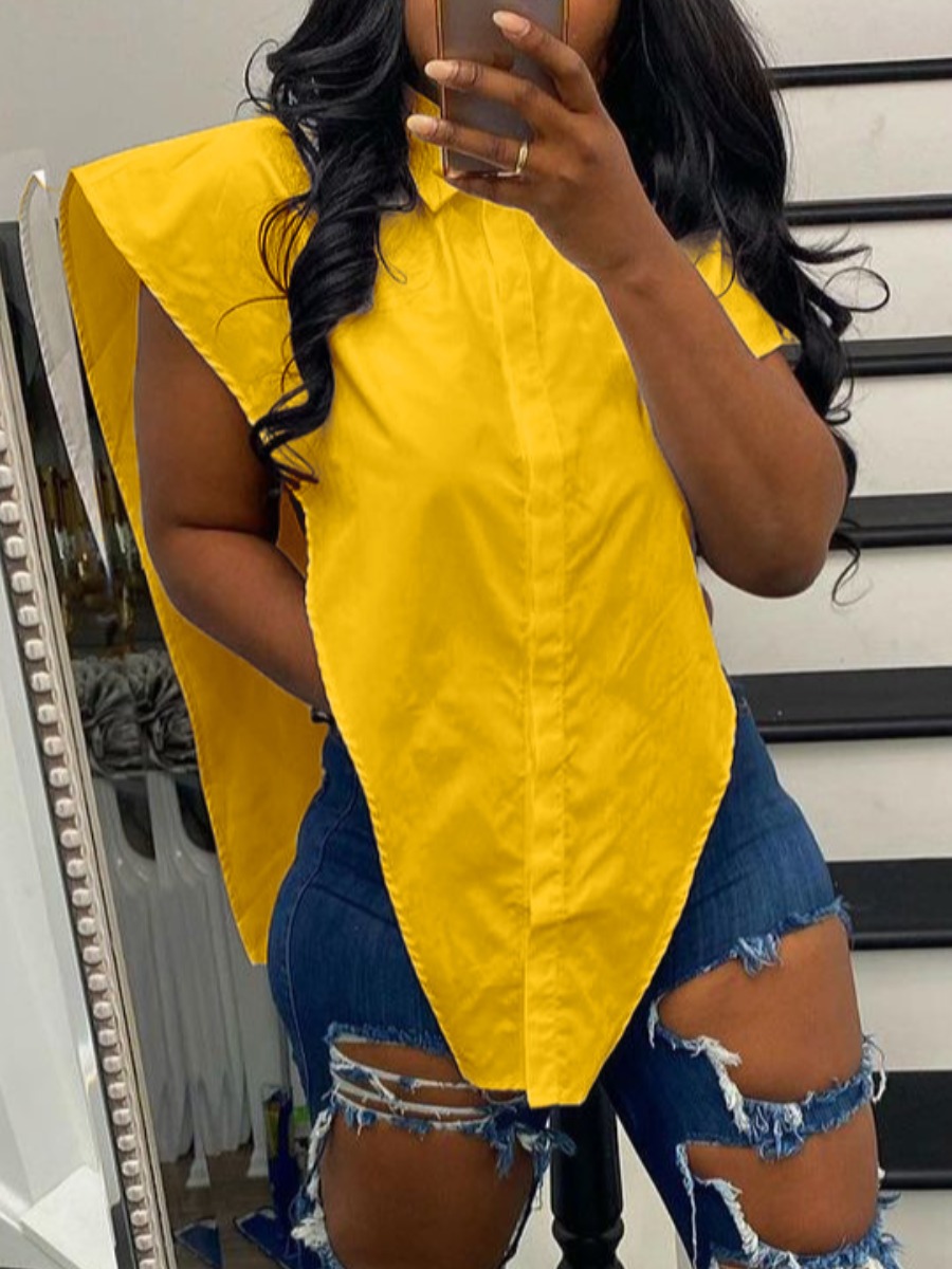 

Lovely Casual Turndown Collar Split Yellow Blouse