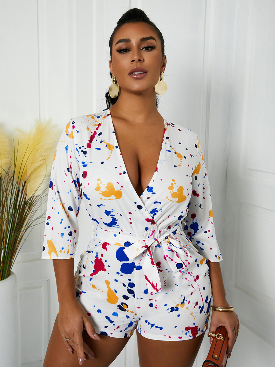 

Lovely Boho V Neck Splash-ink Design White One-piece Romper