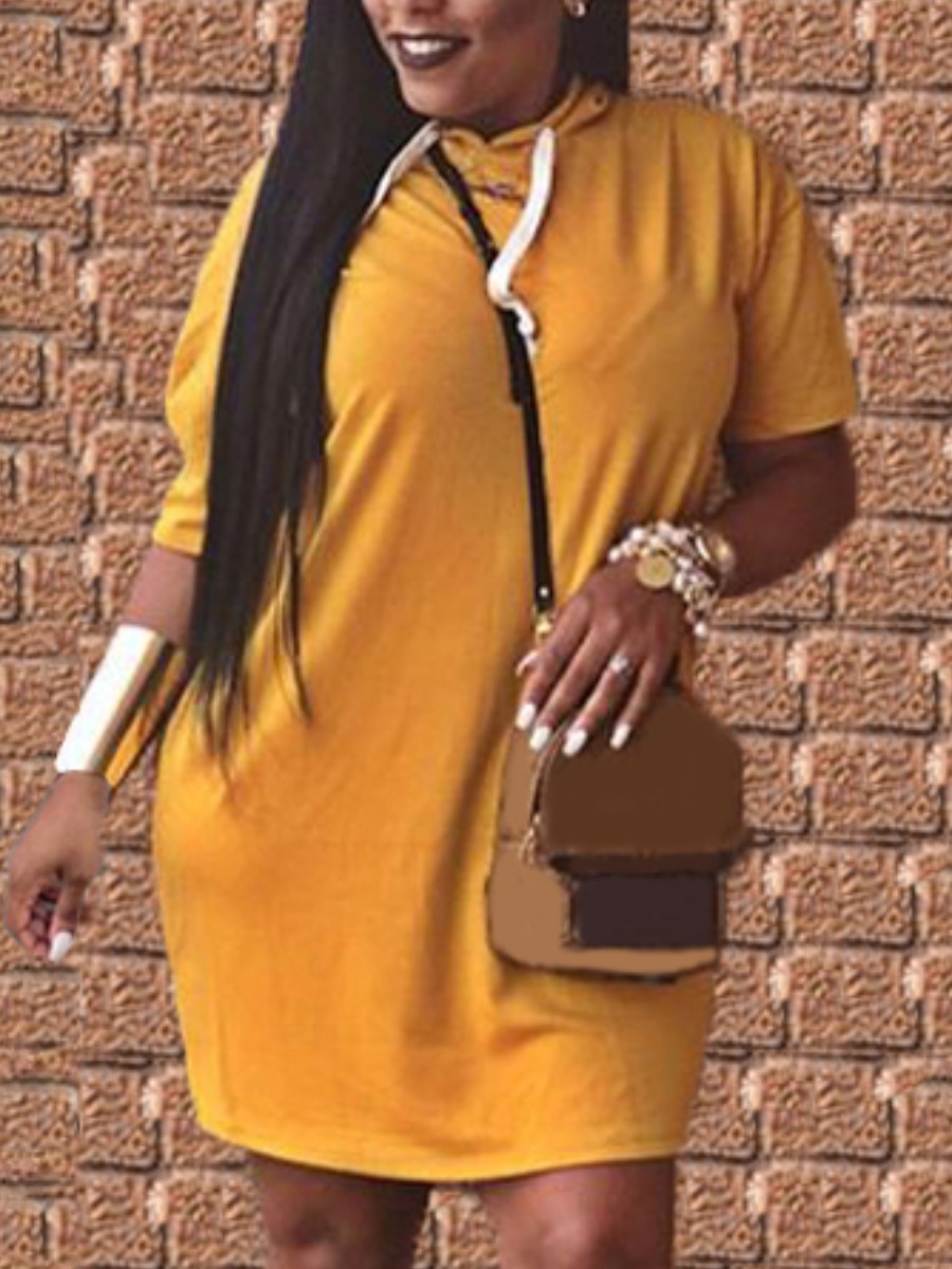 

Lovely Casual Hooded Collar Elastic Yellow Mini Dress