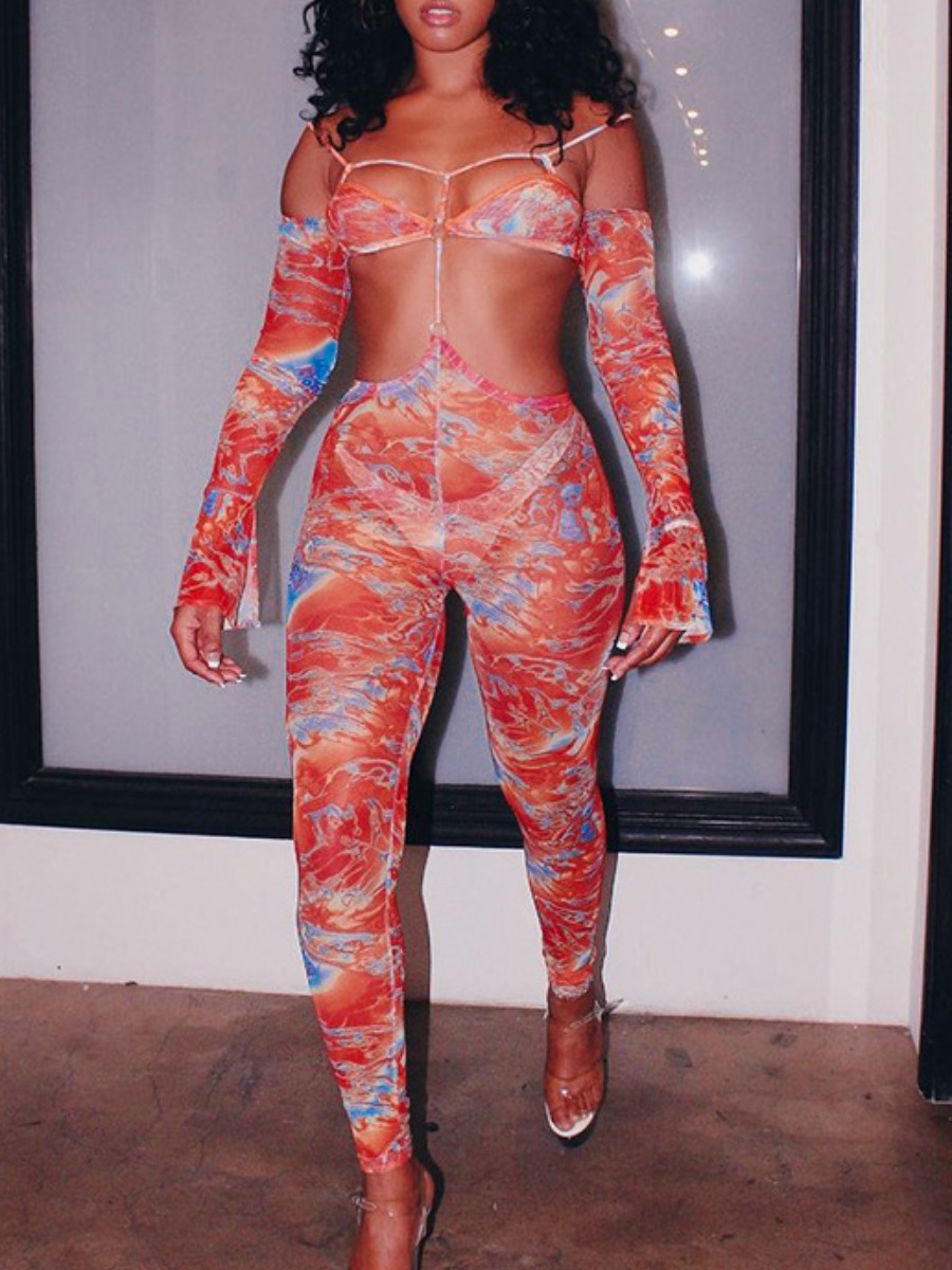 

Lovely Sexy Print Hollow-out See-through Multicolor One-piece Jumpsuit, Multi