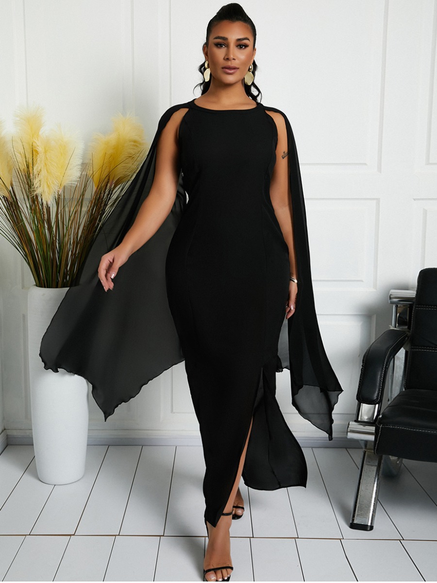 

LW Casual Mesh Slit Black Floor Length Dress