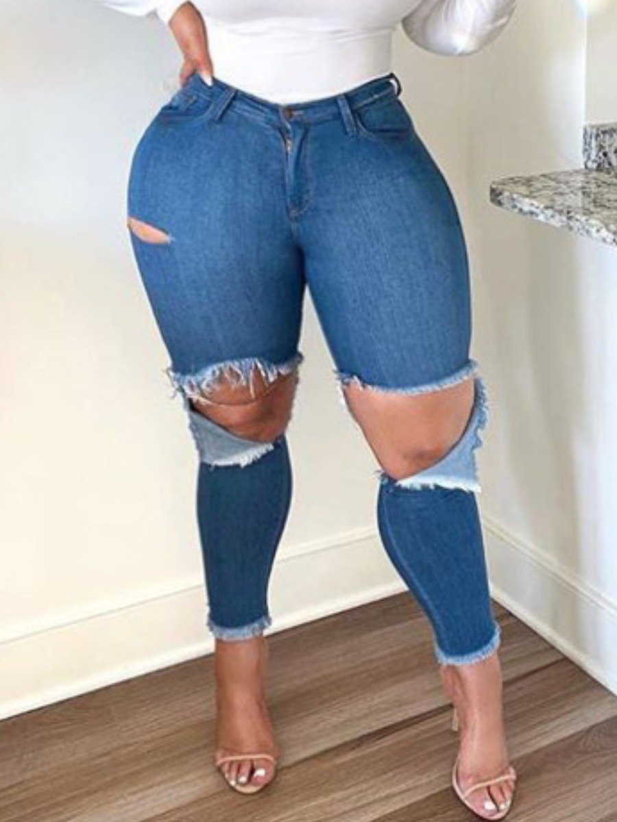 

Lovely Casual High-waisted Ripped Blue Jeans