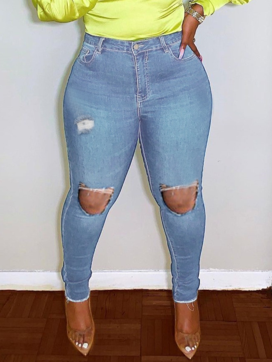

Lovely Casual High-waisted Ripped Blue Jeans