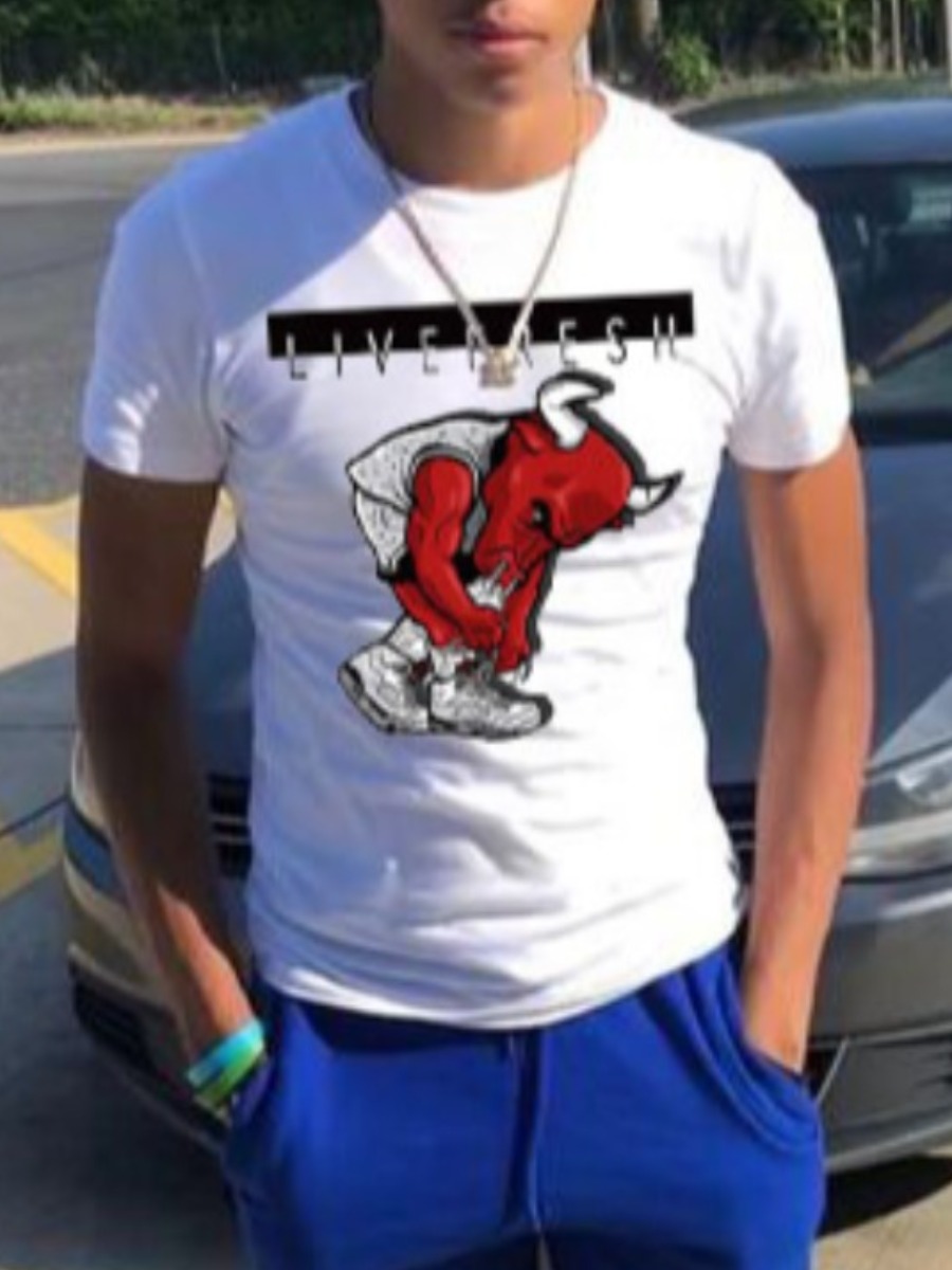 

Lovely Men Casual Cartoon Letter Print White T-shirt
