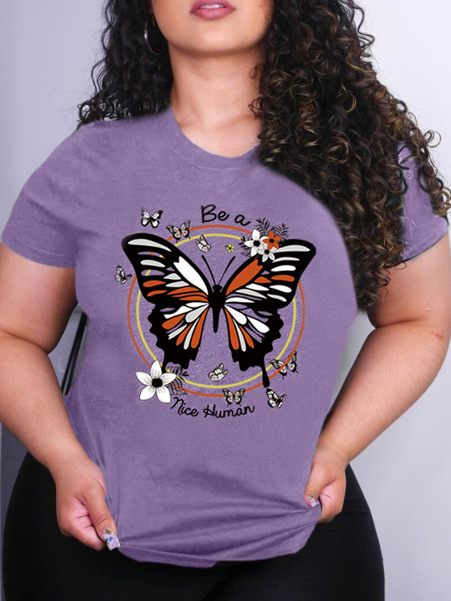

Lovely Plus Size Street Butterfly Letter Print Purple T-shirt