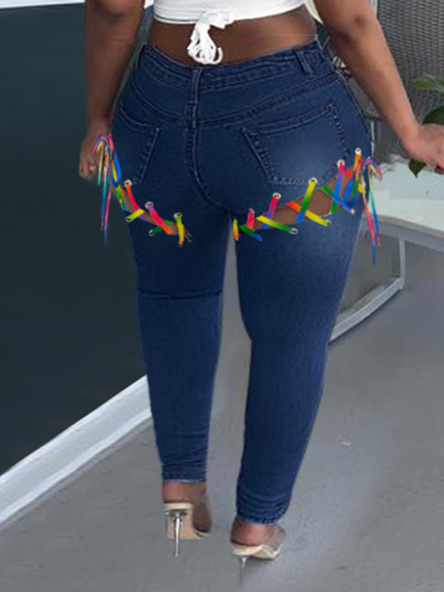 

LW Plus Size Street Bandage Hollow-out Design Deep Blue Jeans
