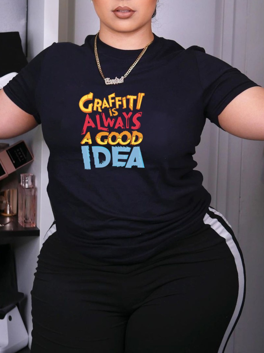 

Lovely Casual Round Neck Letter Print Black T-shirt