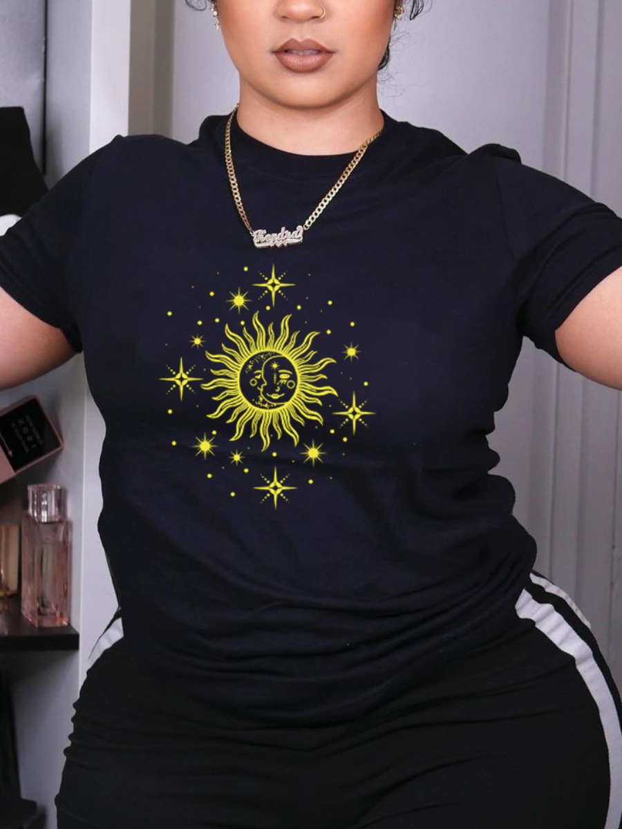 

Lovely Casual Round Neck Sun Star Print Black T-shirt