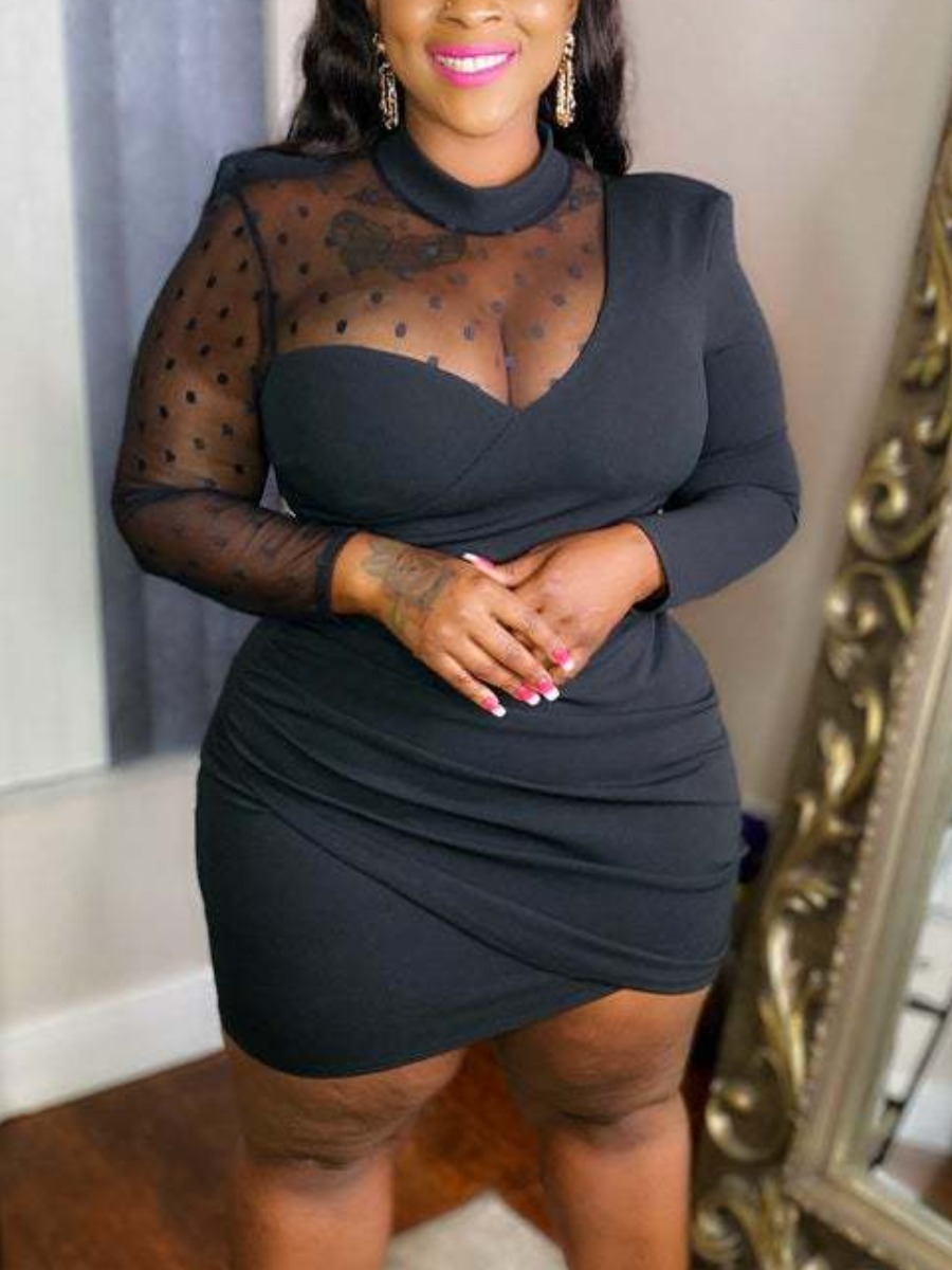 

Lovely Plus Size Sweet Round Neck See-through Black Mini Dress