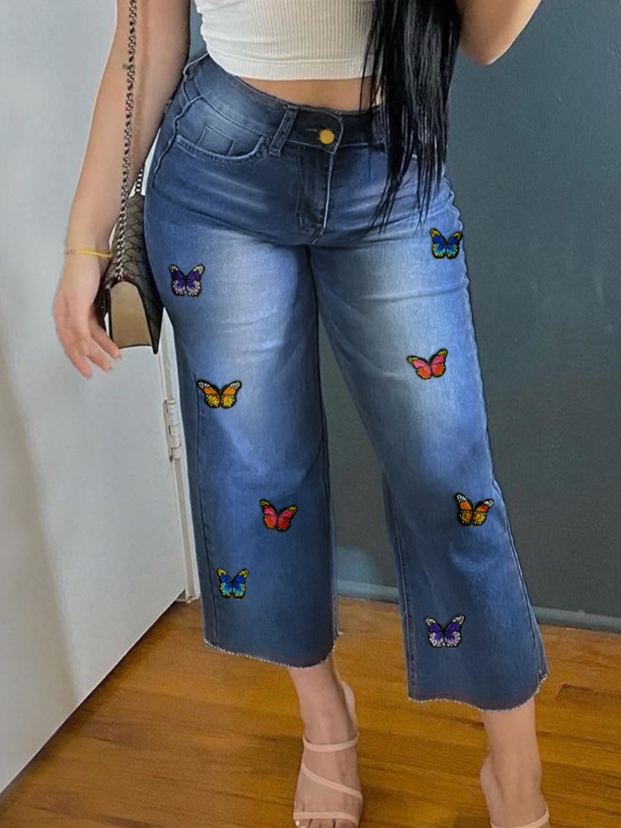 

LW Plus Size Butterfly Print Raw Edge Deep Blue Jeans (No Stretch)