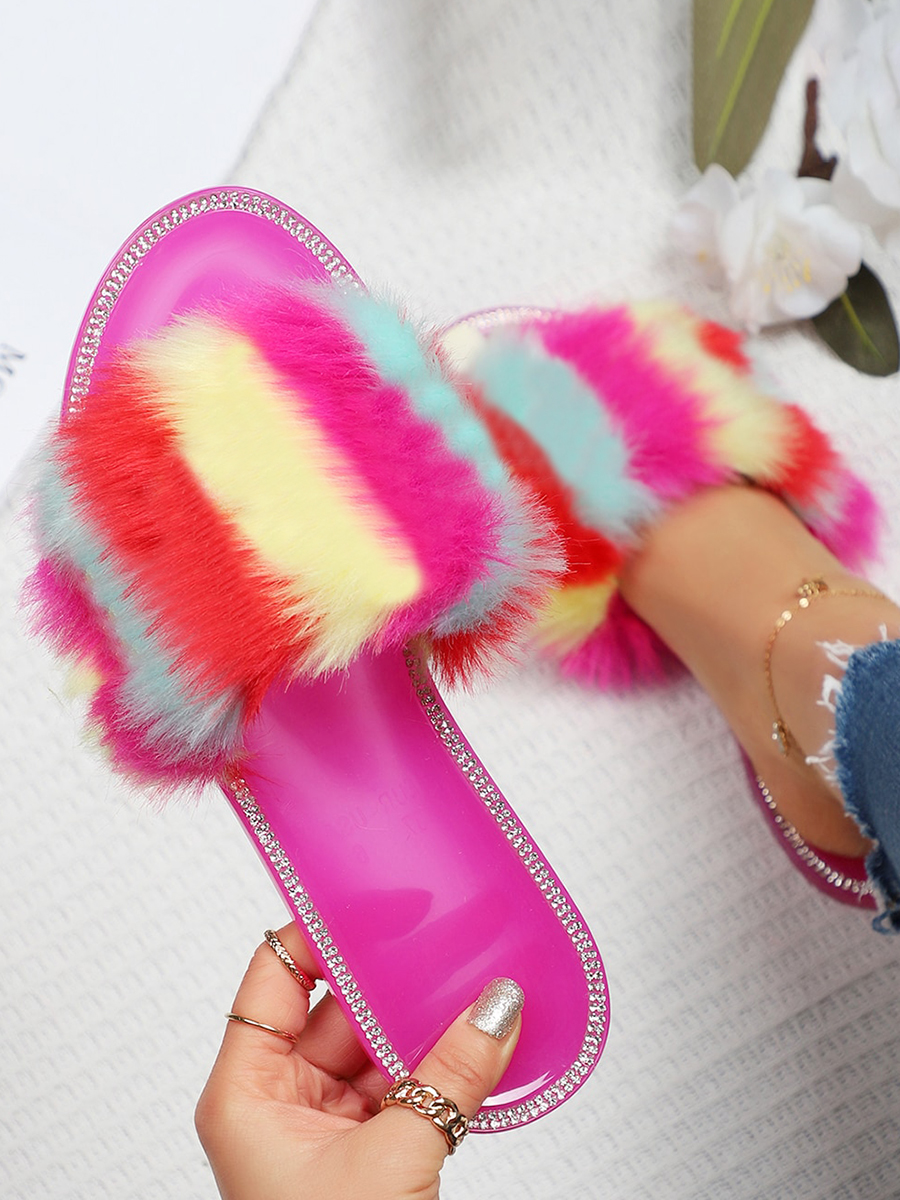 

LW Casual Fluffy Patchwork Rose Red Slippers