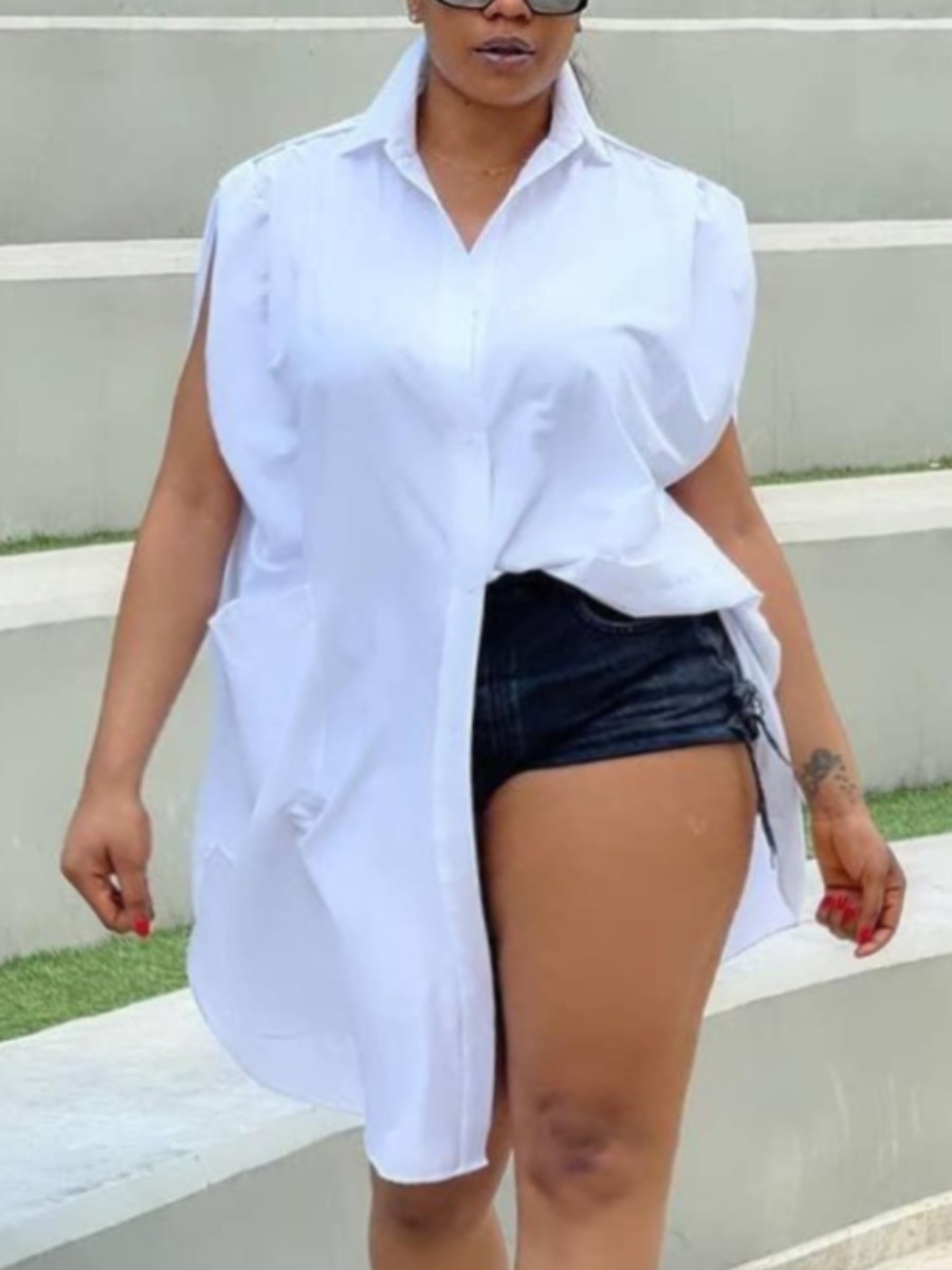 

Lovely Plus Size Street Turndown Collar Button Design White Blouse