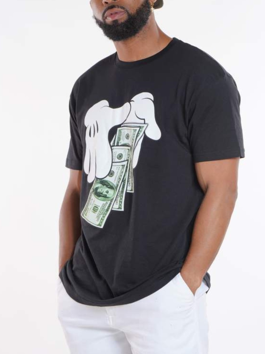 

Lovely Men Casual Hand Money Print Black T-shirt