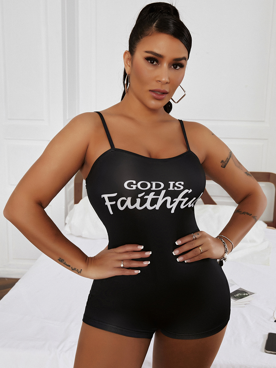 

LW Casual Letter Print Basic Skinny Black One-piece Romper