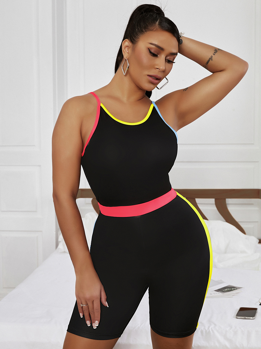 

LW Casual Round Neck Patchwork Black Two Piece Shorts Set