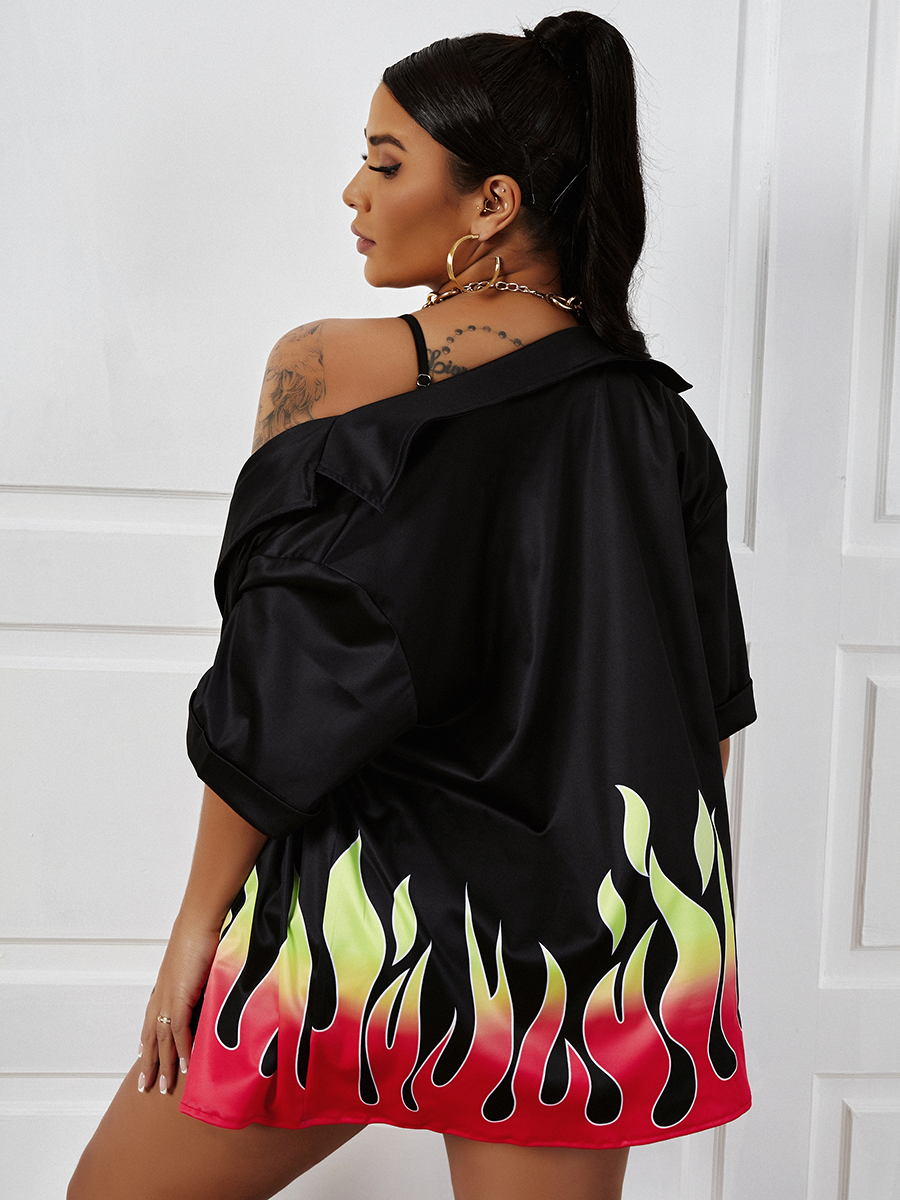 

LW Street Turndown Collar Flame Print Black Two Piece Shorts Set