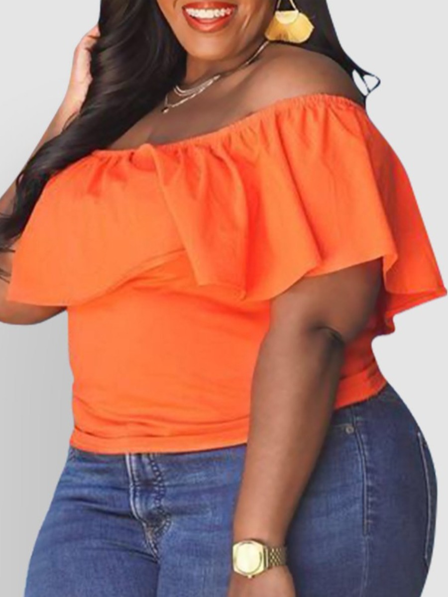 

LW COTTON Plus Size Casual Off The Shoulder Flounce Design Orange T-shirt