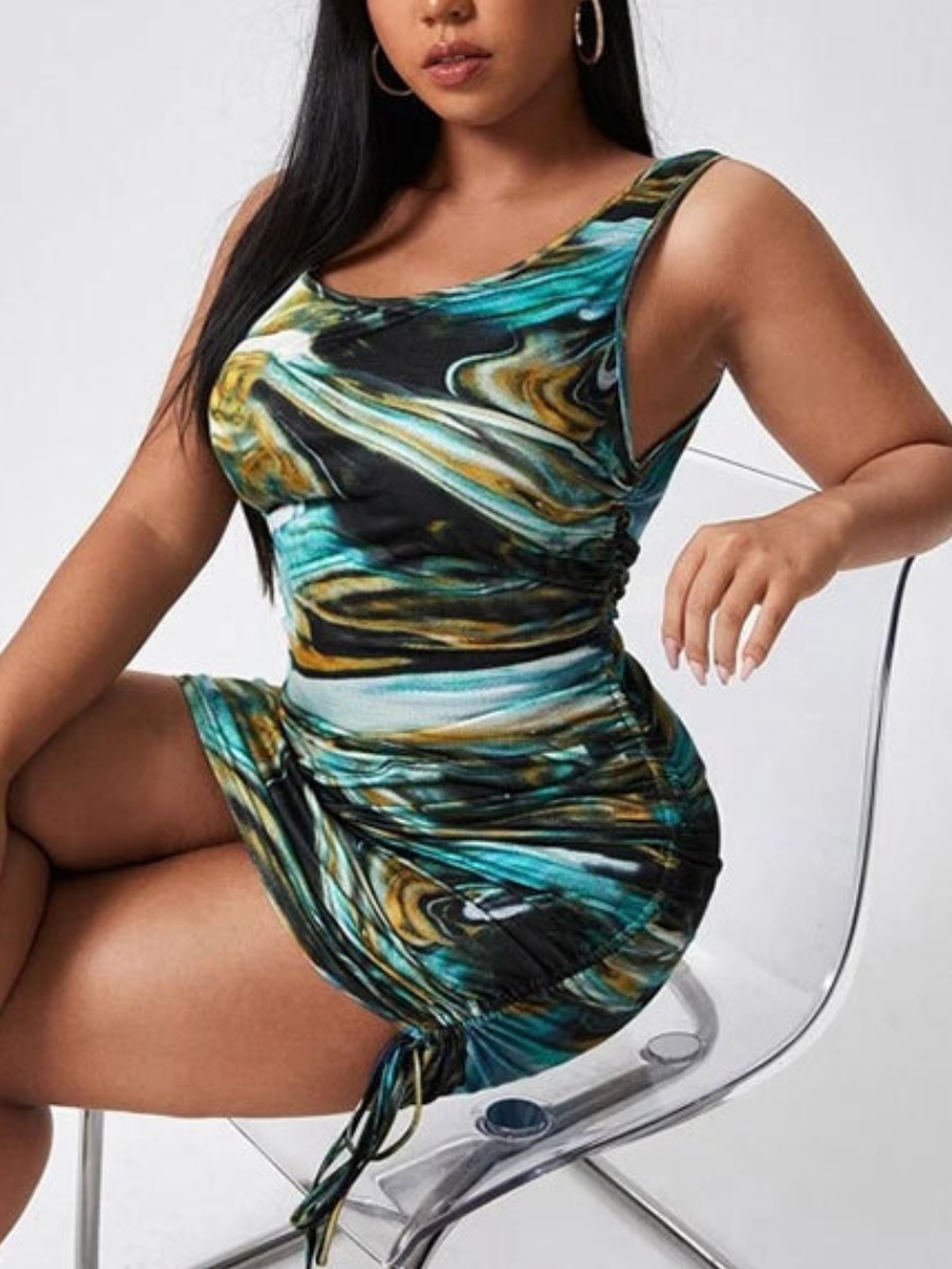 

LW Plus Size Boho Tie-dye Drawstring Blue Mini Dress