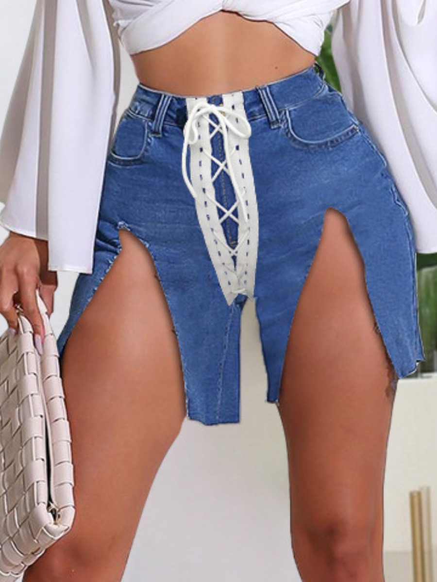 

Lovely Street Slit Bandage Design Blue Shorts