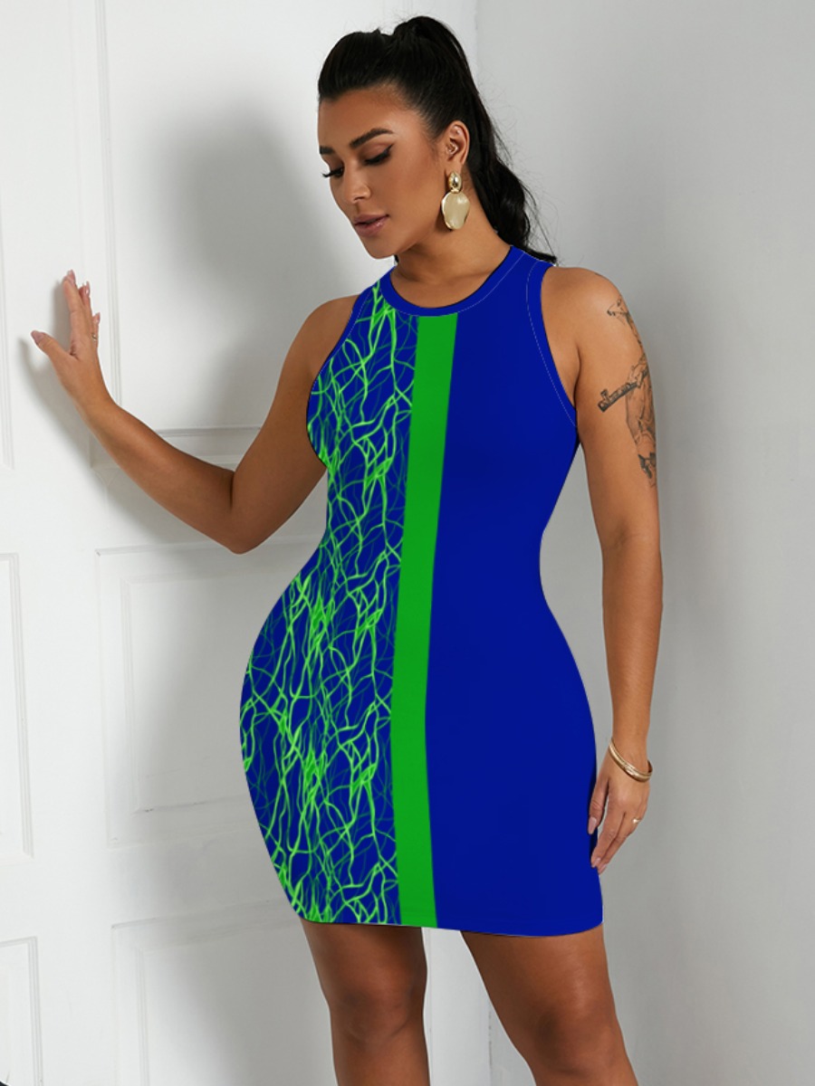 

LW BASICS Casual Round Neck Print Patchwork Blue Knee Length Dress