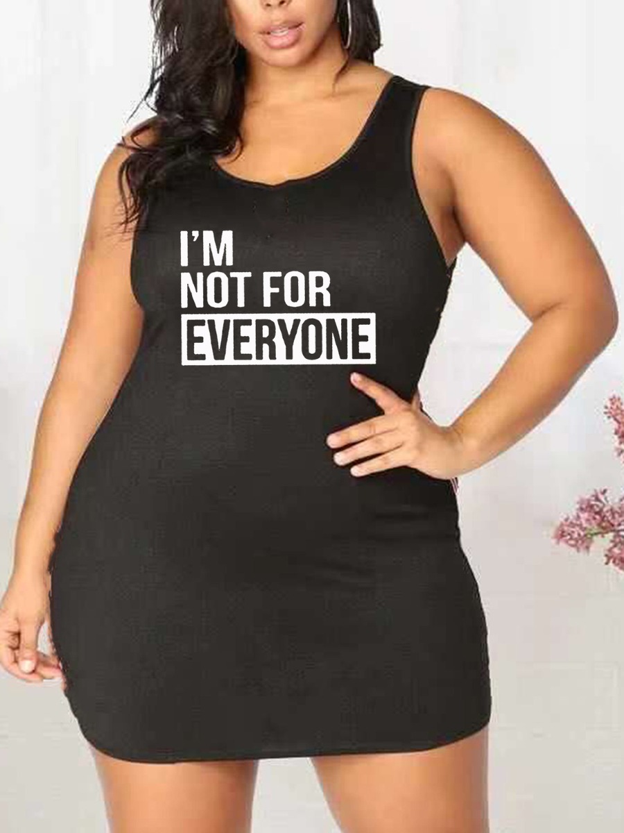 

Lovely Plus Size U Neck Letter Print Dress, Black