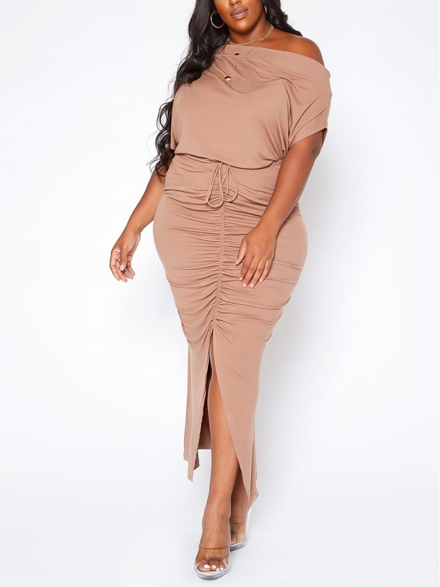 

Lovely Plus Size Ruched Drawstring Slit Two-piece Skirt Set, Apricot