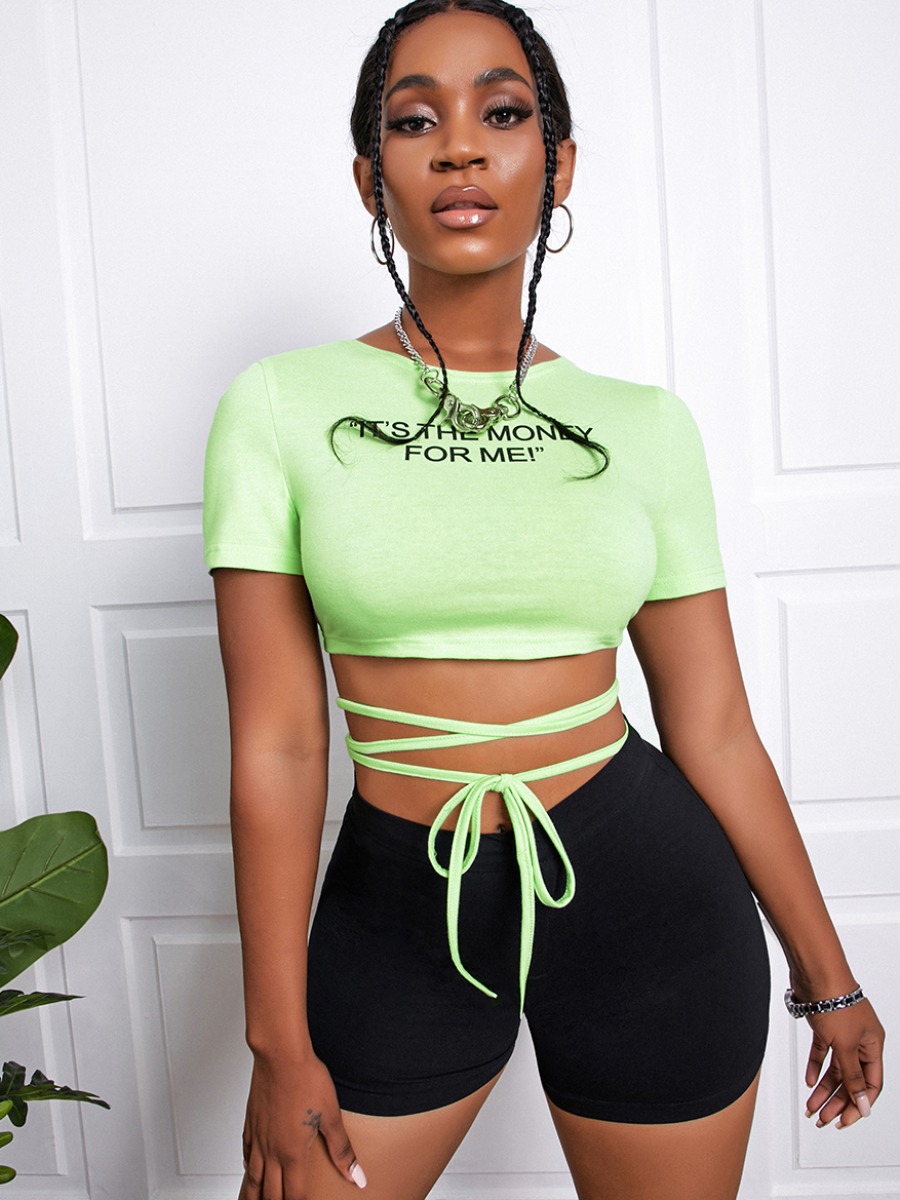 

LW COTTON Sweet Letter Print Bandage Design Green T-shirt