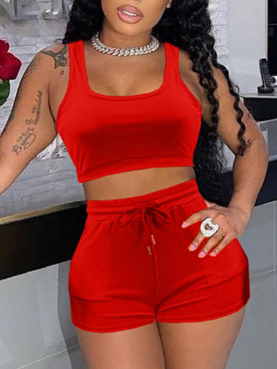 

Lovely U Neck Drawstring Two Piece Shorts Set, Red