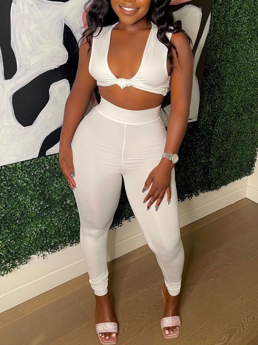 

LW SXY High-waisted Skinny Two Piece Pants Set, White