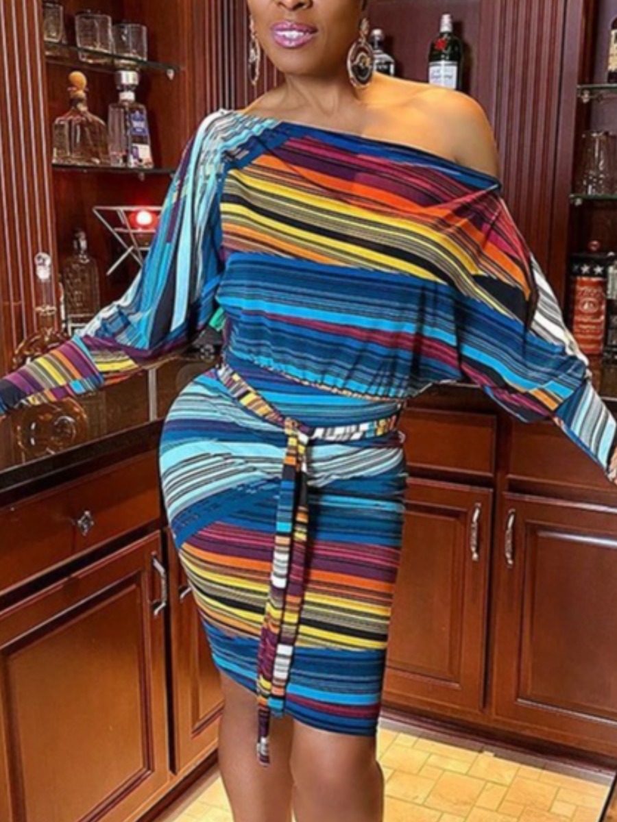

LW Striped Batwing Sleeve Dress, Blue