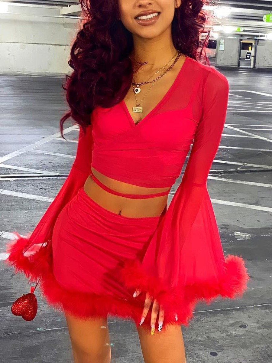 

Lovely See-through Plush Two Piece Skirt Set, Red