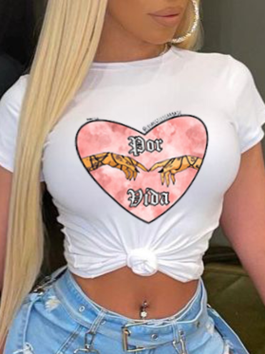 

Lovely Heart Letter Print T-shirt, White
