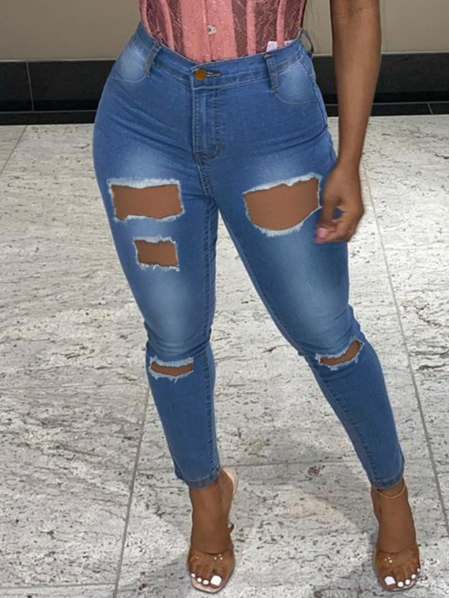 

Lovely High-waisted Ripped Jeans, Blue