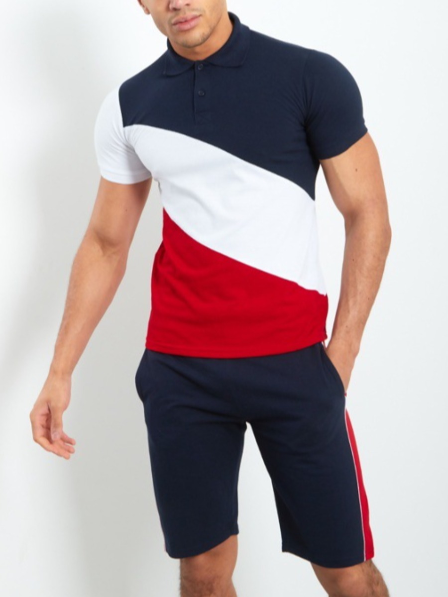 

Lovely Men Color-lump Patchwork Two Piece Shorts Set, Deep blue