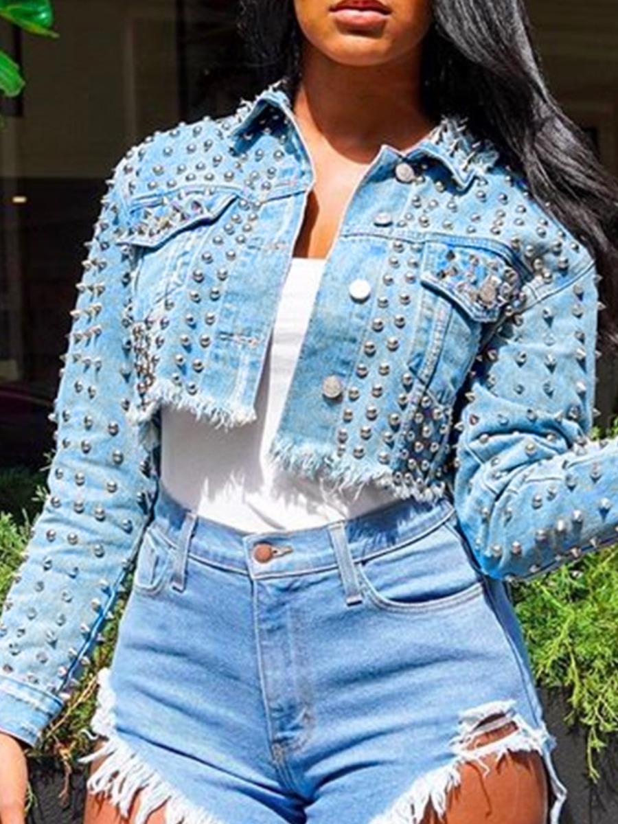 

LW Rivet Decoration Raw Edge Denim Jacket, Baby blue