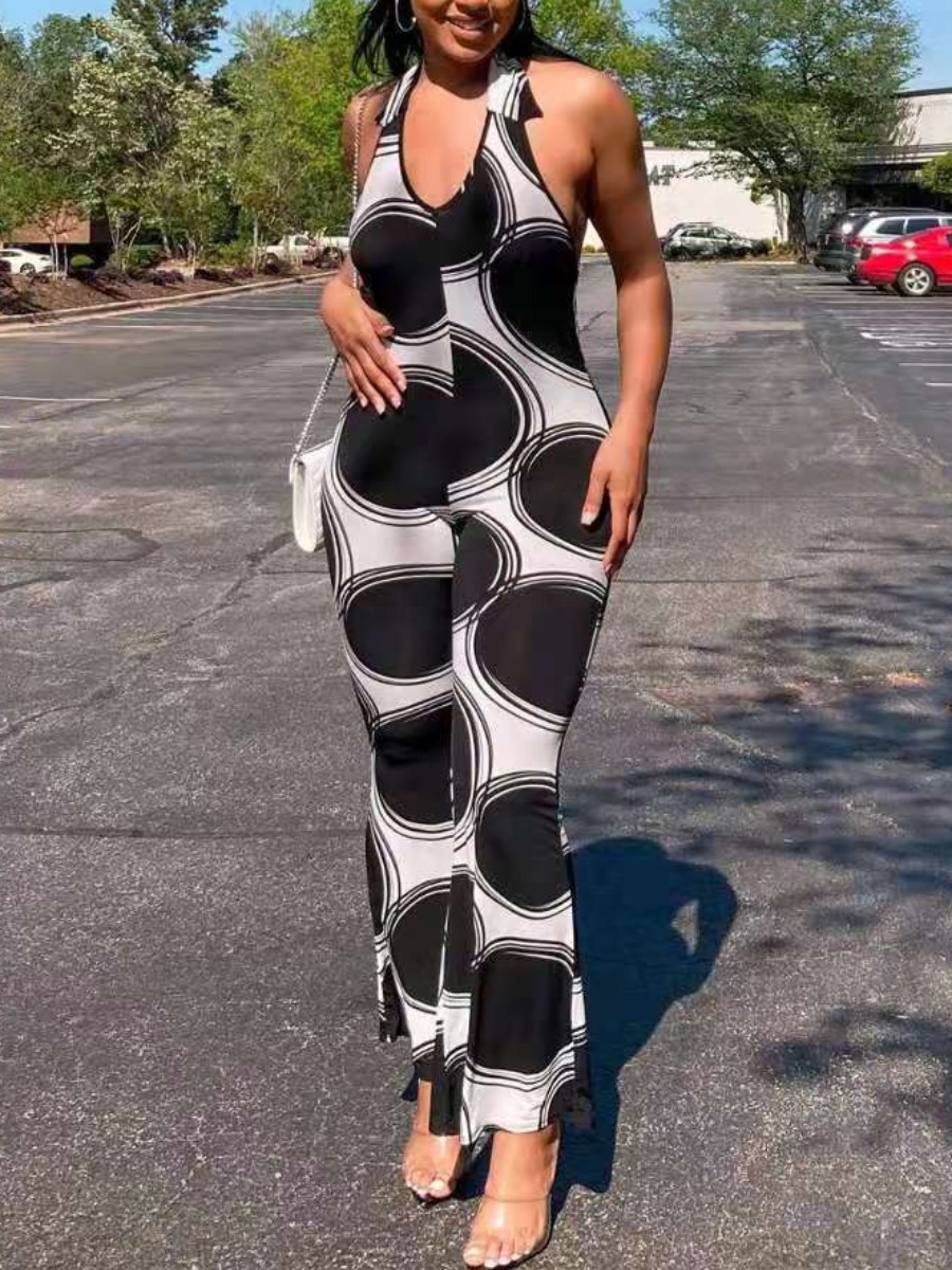 

Lovely Geometric Print Flared Backless One-piece Jumpsuit, Black