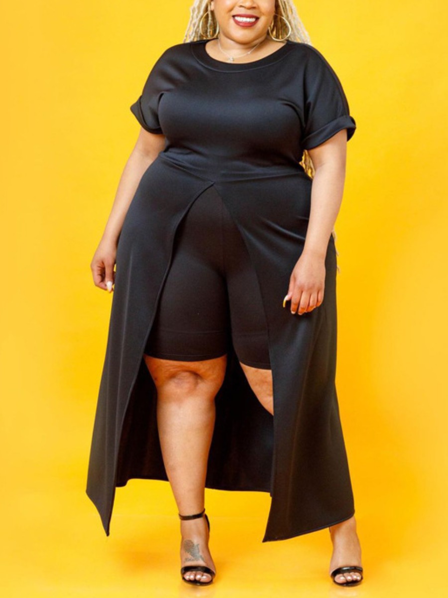 

LW Plus Size Rolled Sleeve Split Two-piece Shorts Set, Black